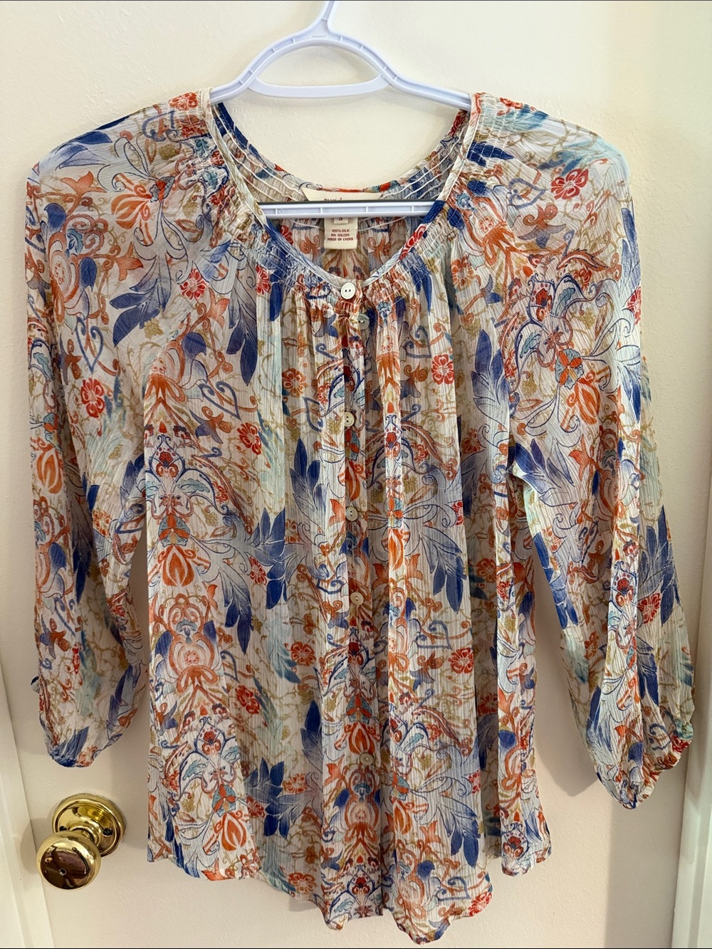 Sundance Floral Button-Front Peasant Blouse - Blue & Orange